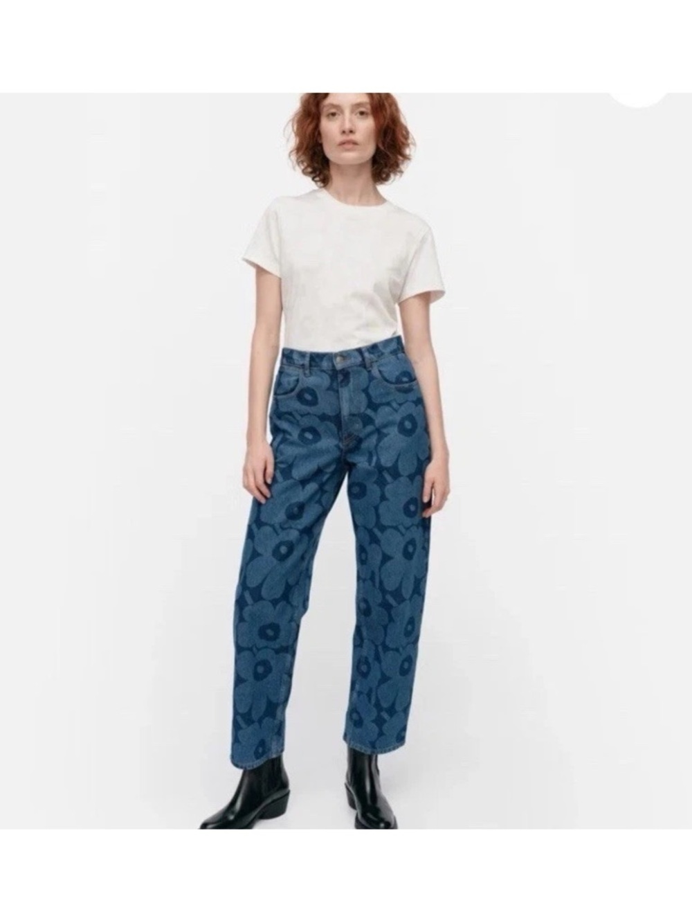 marimekko 100% Cotton Barrel Leg Jeans Denim Unikko, Maija Isola SZ 29 MSRP $330